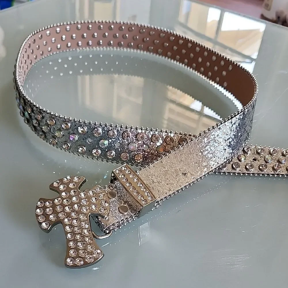 Rhinestone Blingy Glam Flashy Extra Cowgirl Belt With Cross Buckle‎ Plus Size